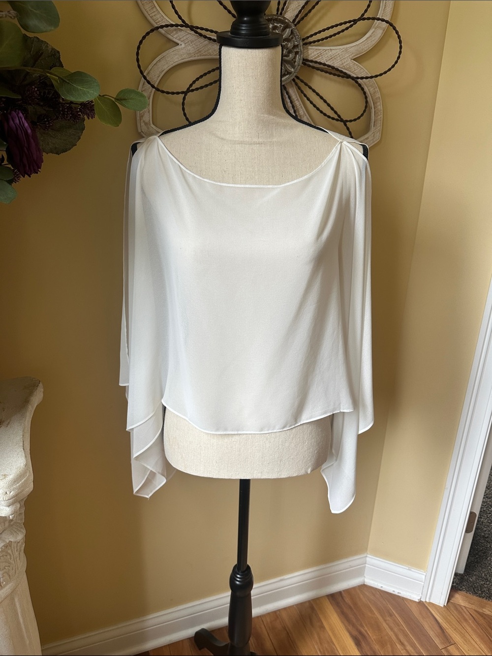 White House Black Market White Draped Cape-Sleeve Top